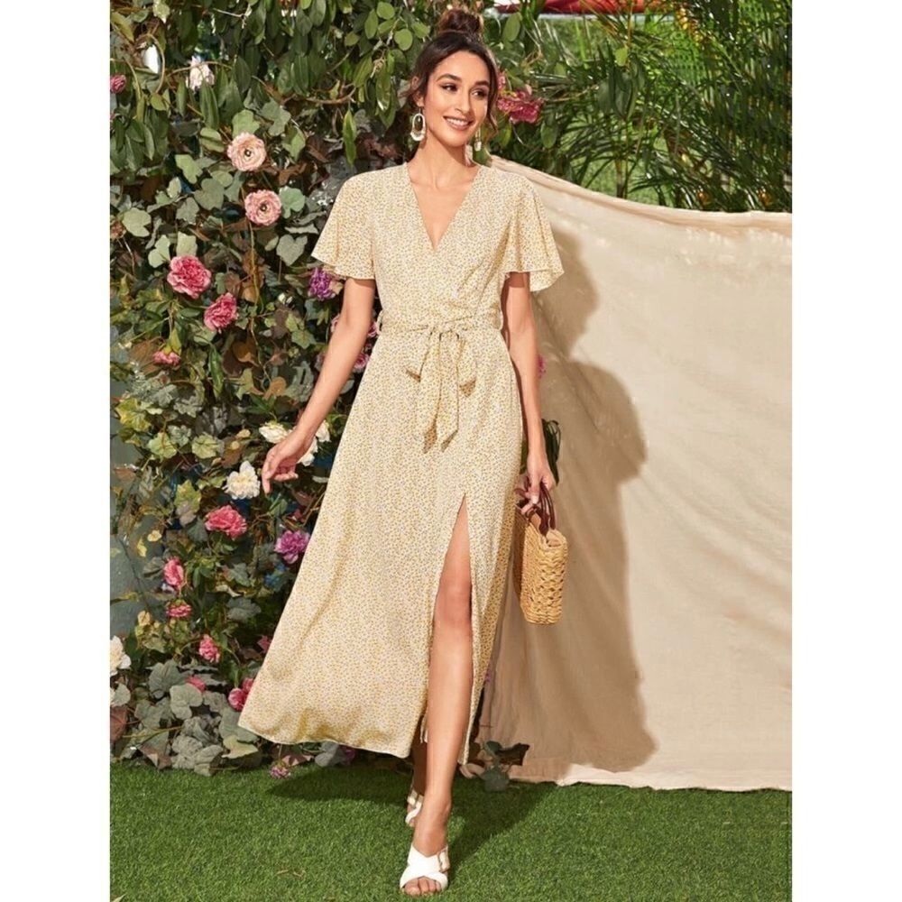 Floral wrap a-line maxi midi dress
